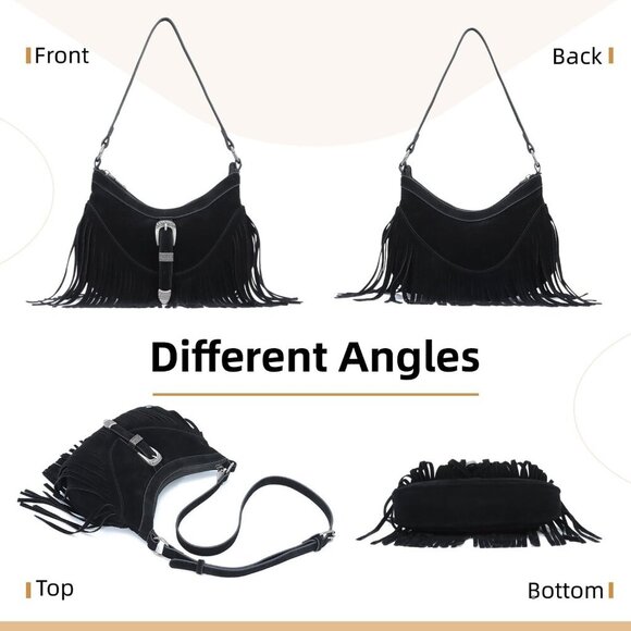 Fringe Hobo Purse for Women Tassel Shoulder Bag Vintage Suede Crossbody - Picture 6 of 7